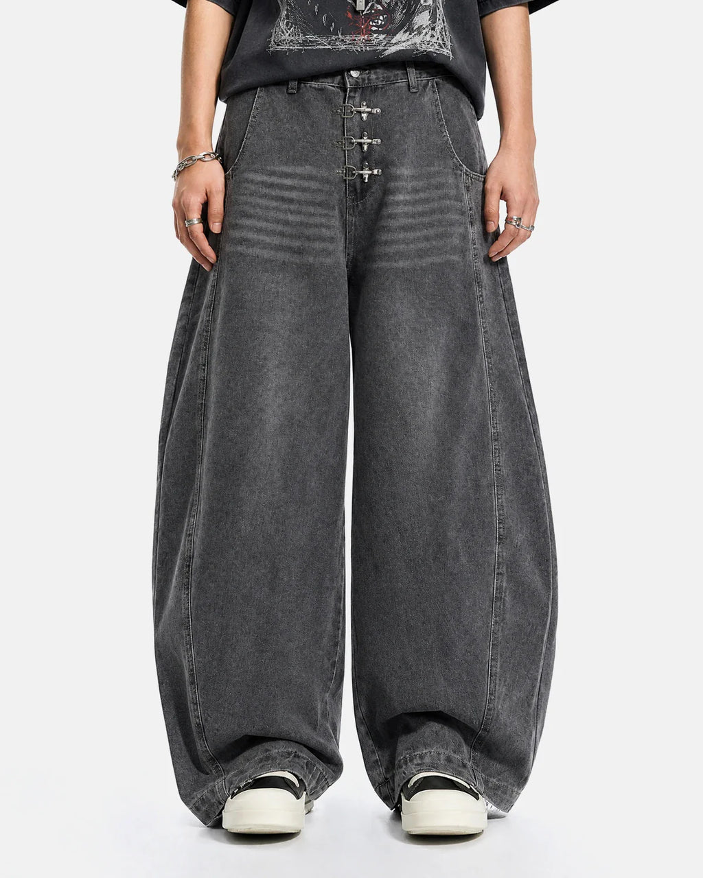 Metal Clasp Grey Barrel Jeans | Inflation Streetwear