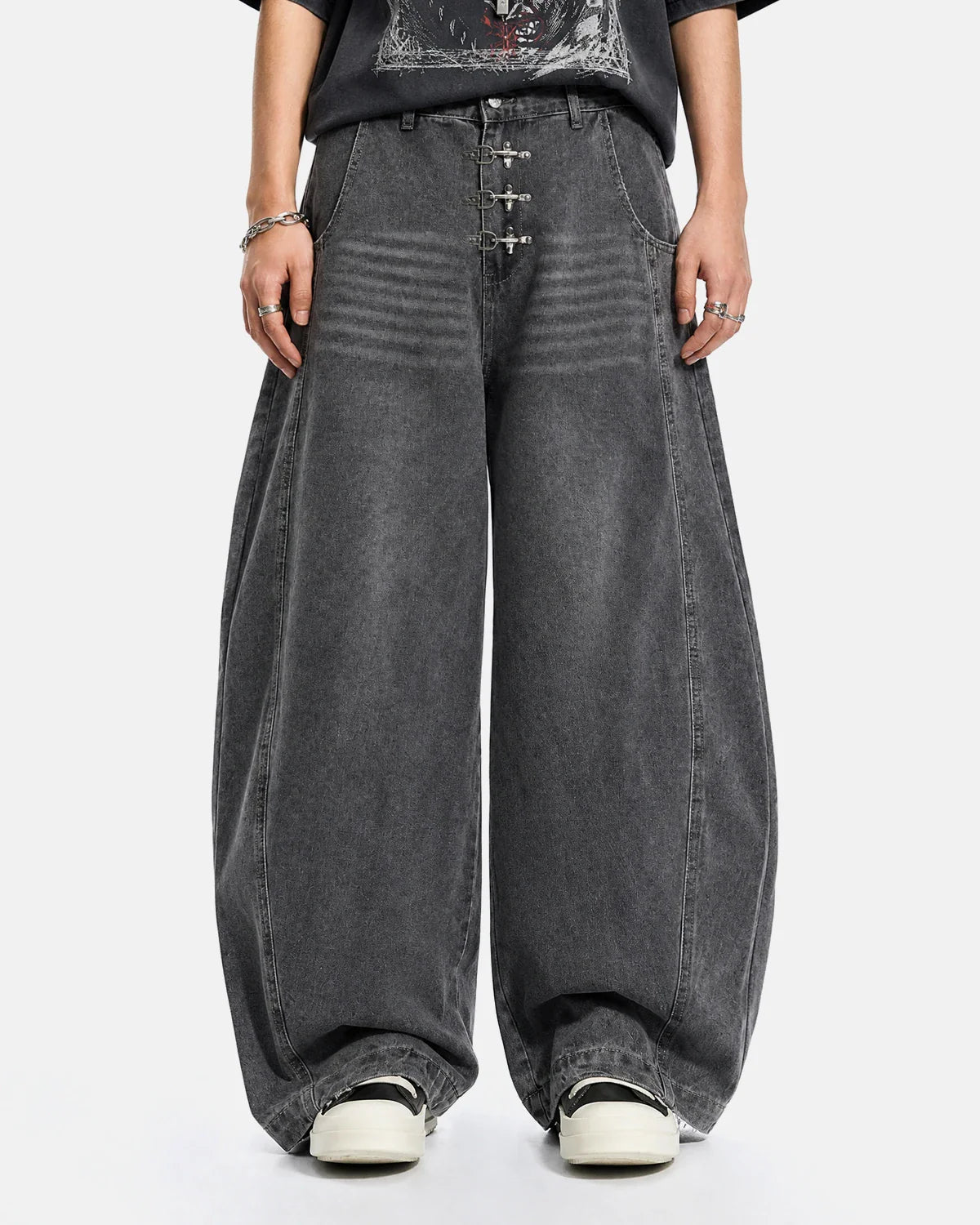 Metal Clasp Grey Barrel Jeans | Inflation Streetwear