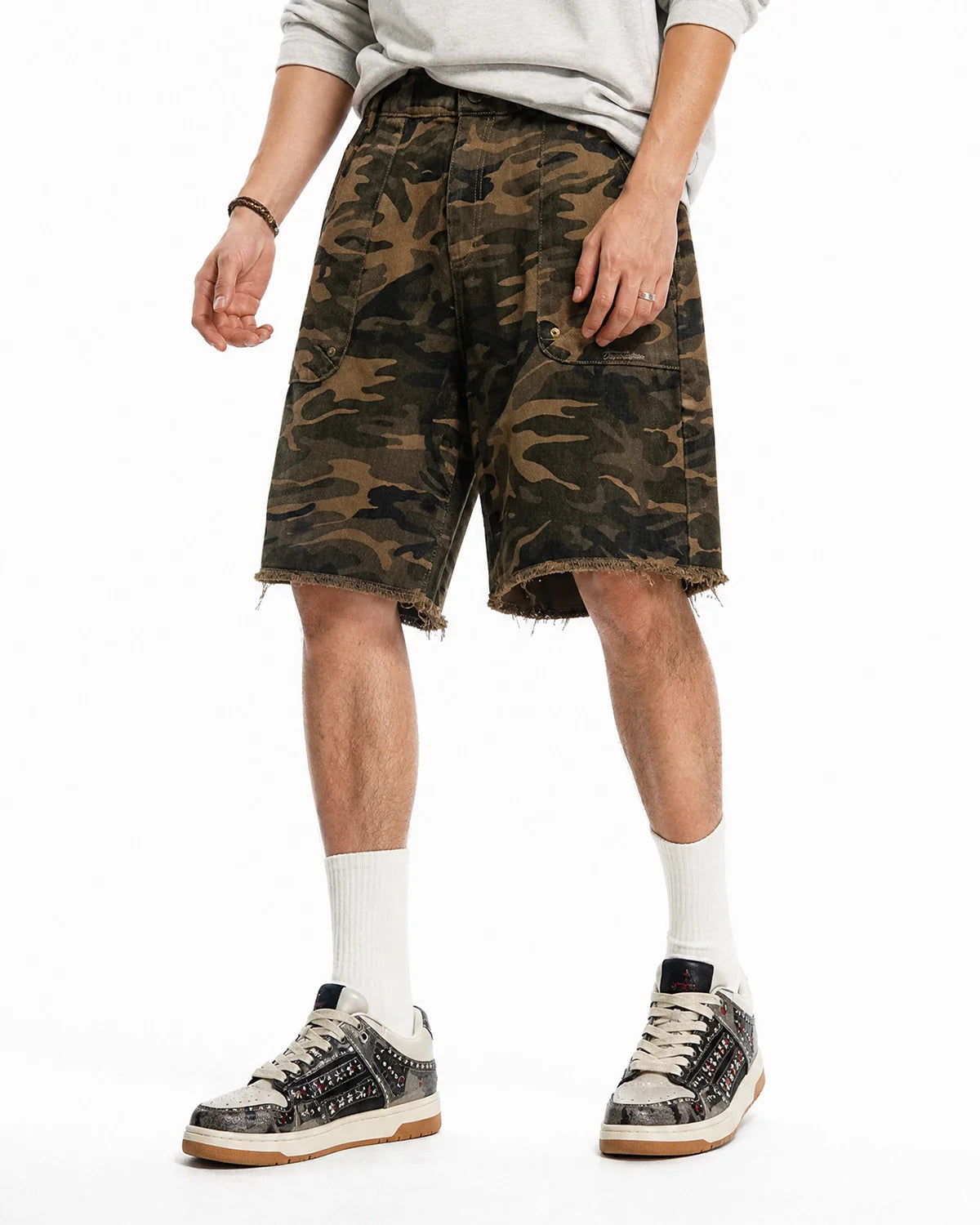 Frayed Hem Camo Knee-Length Shorts | Inflation Streetwear