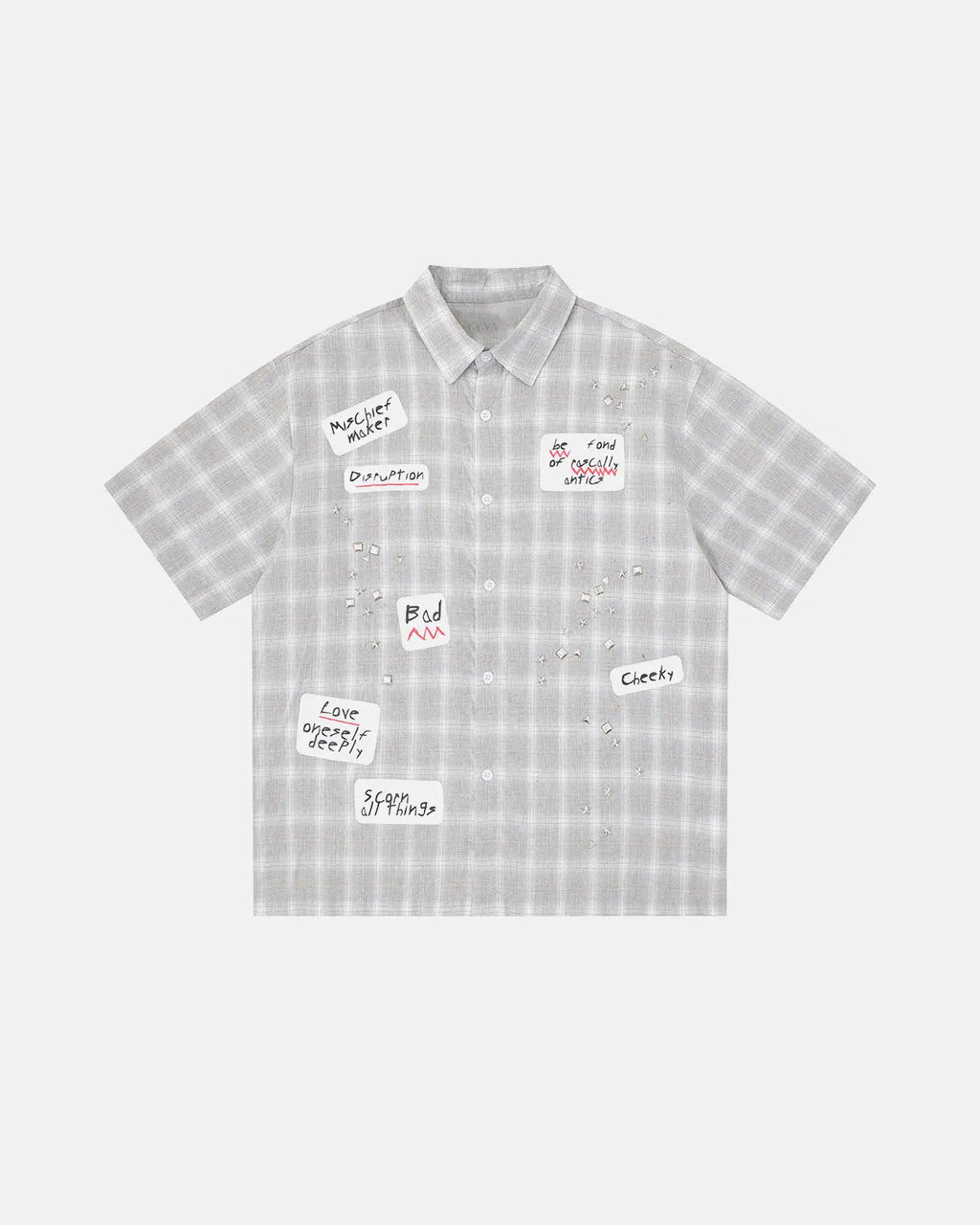 Plaid Sticker Graphic Studded Shirt | Inflation Streetwear
