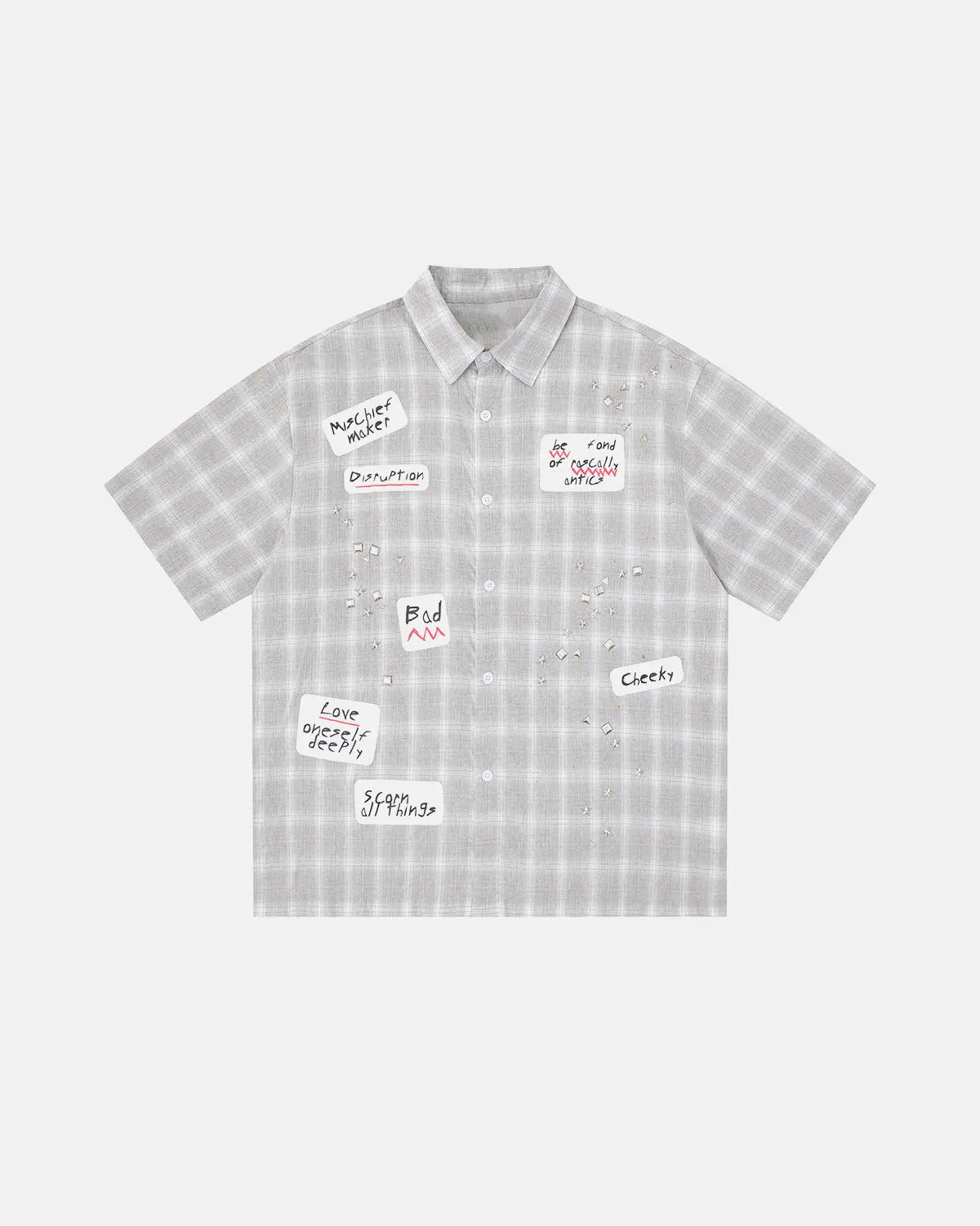 Plaid Sticker Graphic Studded Shirt | Inflation Streetwear