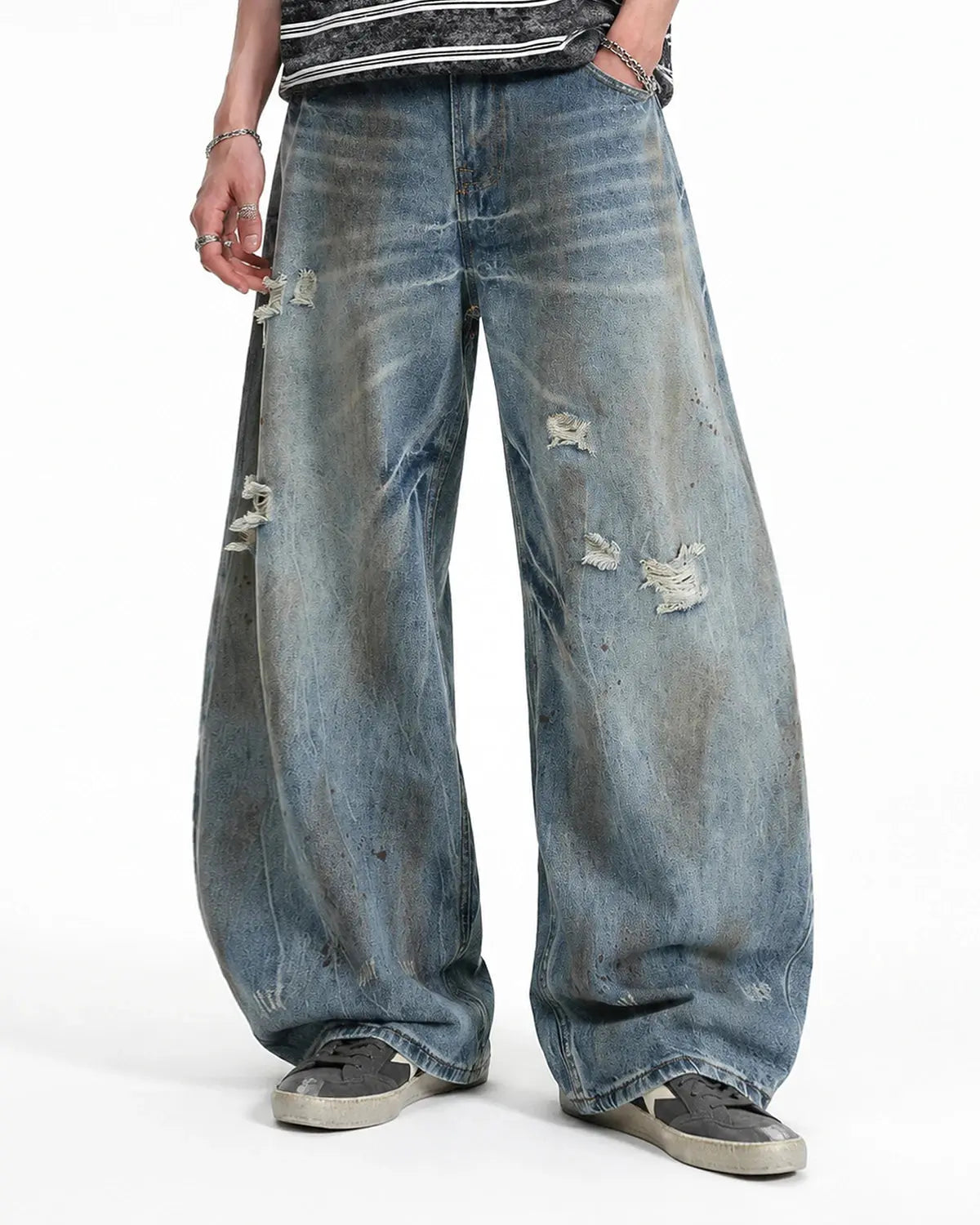 Dirty Wash Distressed Barrel Jeans | Inflation Streetwear