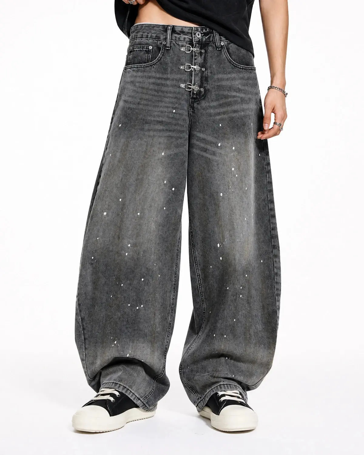 Metal Clasp Washed Barrel Jeans | Inflation Streetwear