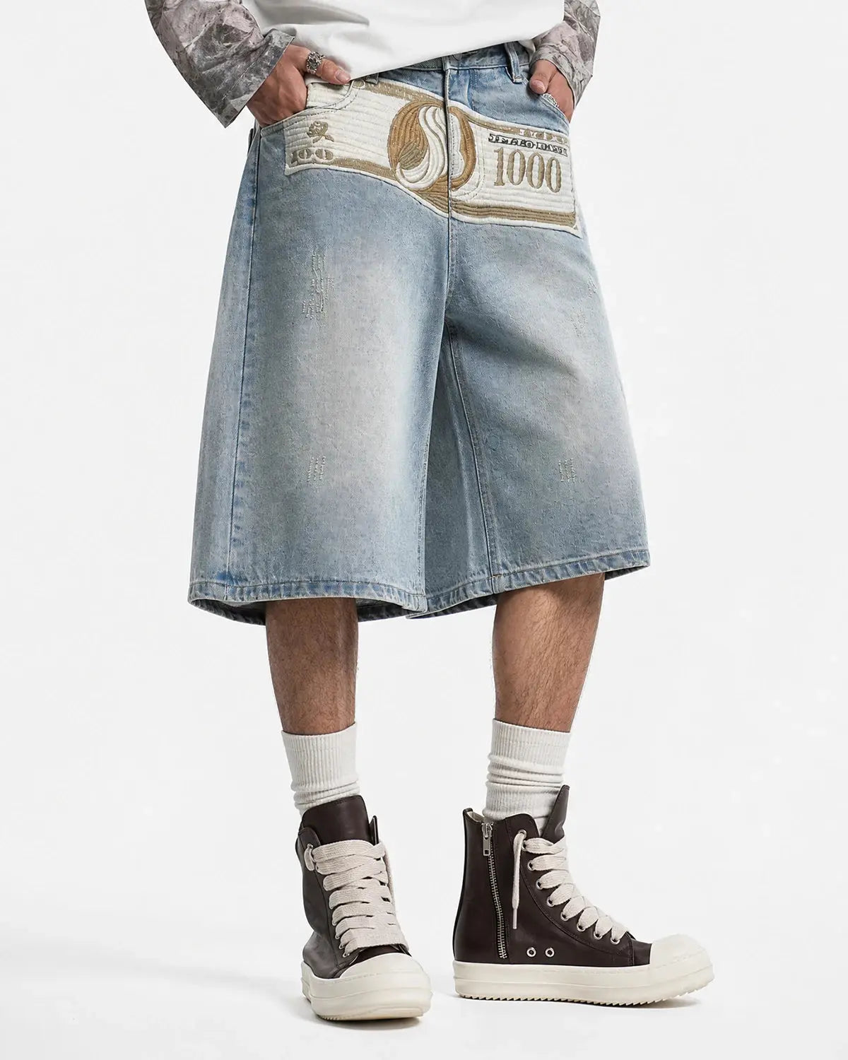 Dollar Patch Embroidery Denim Jorts | Inflation Streetwear