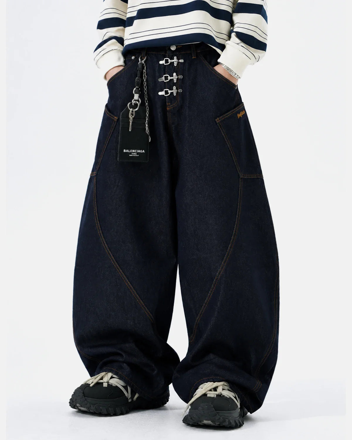 Metal Clasp Raw Barrel Jeans | Inflation Streetwear