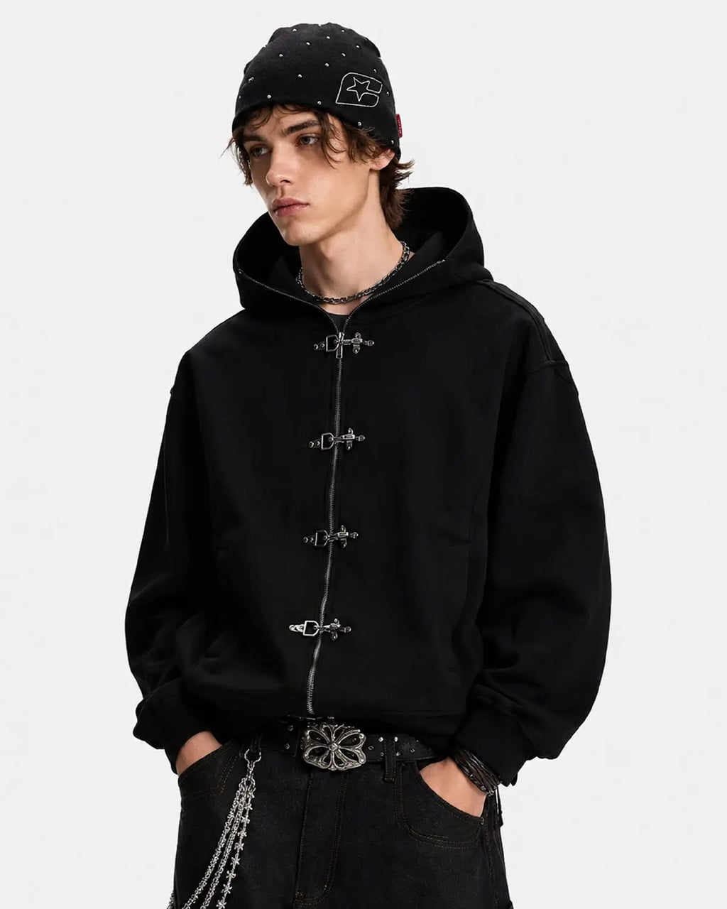 Metal Clasp Boxy Zip Up Hoodie | Inflation Streetwear