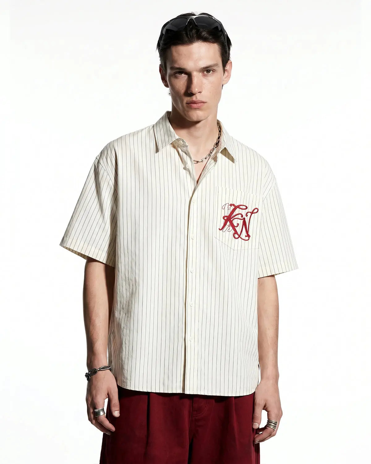 Striped Embroidered Short-Sleeve Shirt | Inflation Streetwear