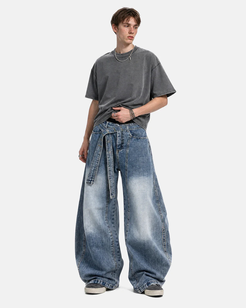 Belted Bamboo Weave Barrel Jeans | Inflation Streetwear