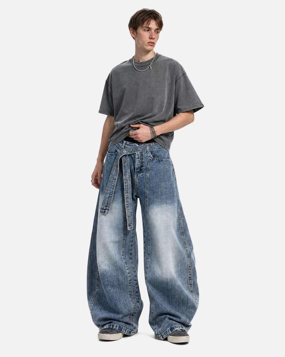 Belted Bamboo Weave Barrel Jeans | Inflation Streetwear