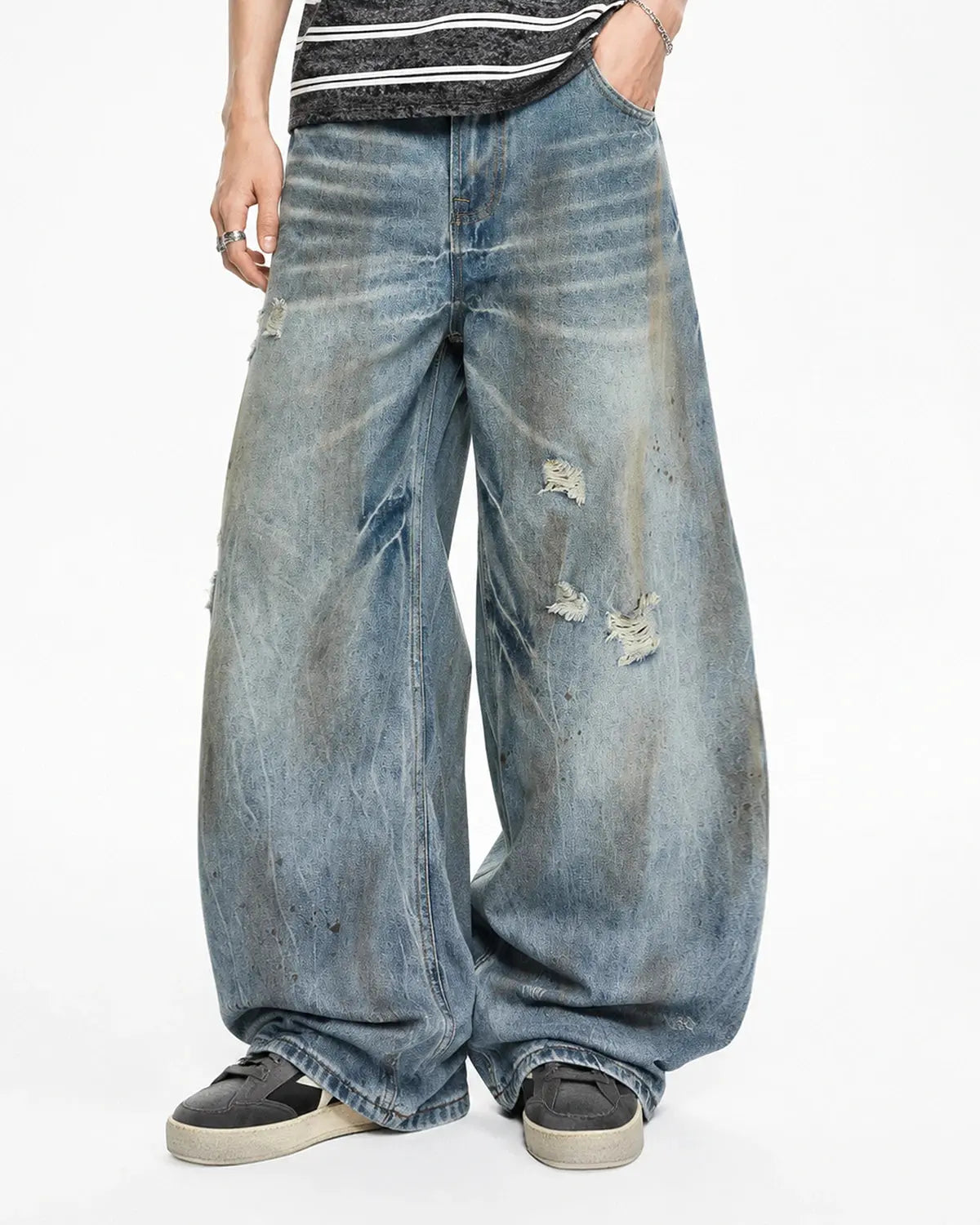 Dirty Wash Distressed Barrel Jeans | Inflation Streetwear