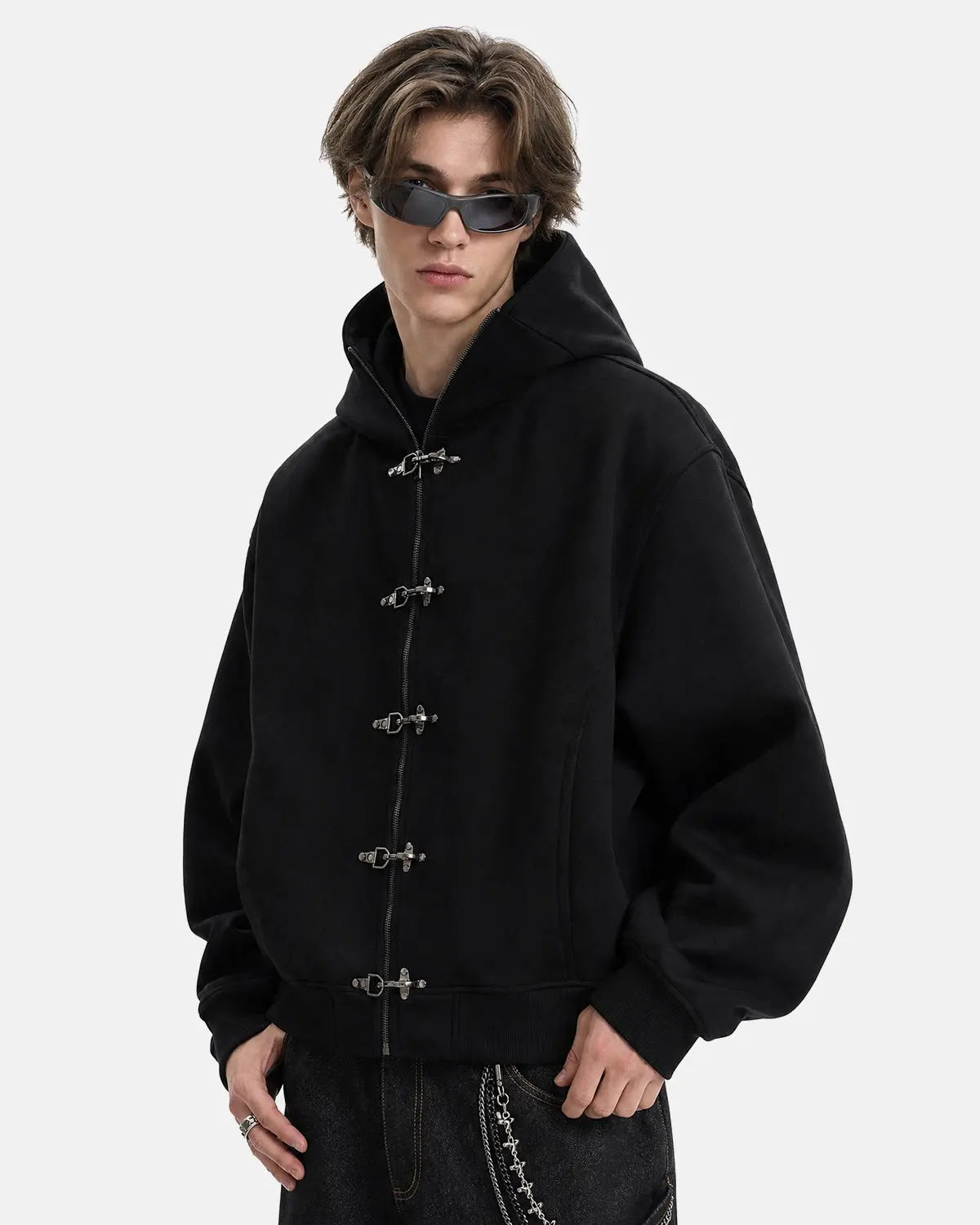 Metal Clasp Boxy Zip Up Hoodie | Inflation Streetwear