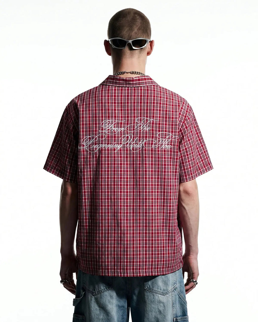 Plaid Script Embroidered Short-Sleeve Shirt | Inflation Streetwear