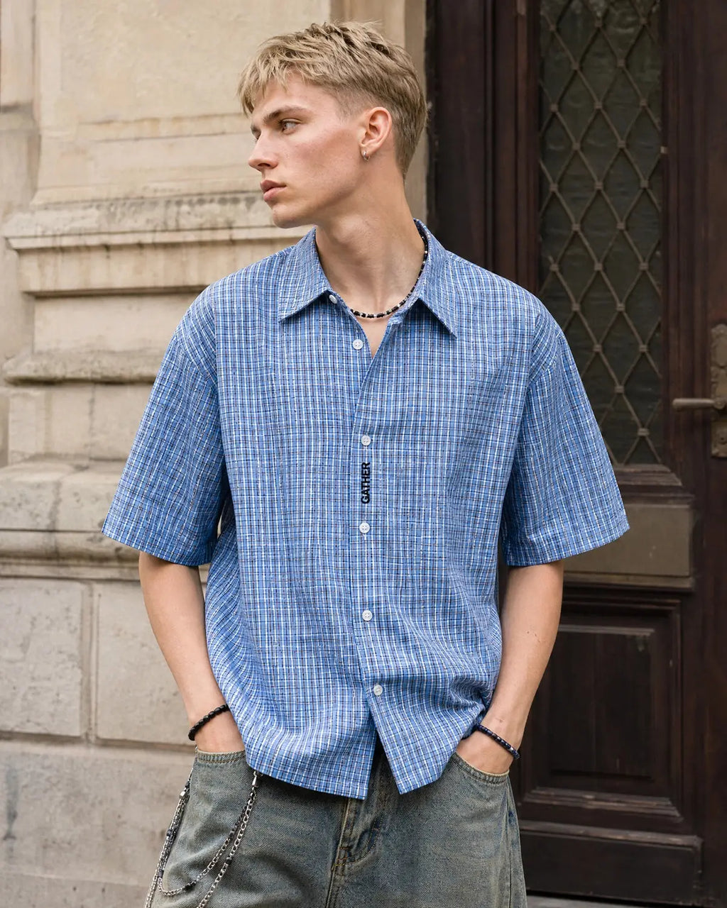 Plaid Script Embroidered Short-Sleeve Shirt | Inflation Streetwear
