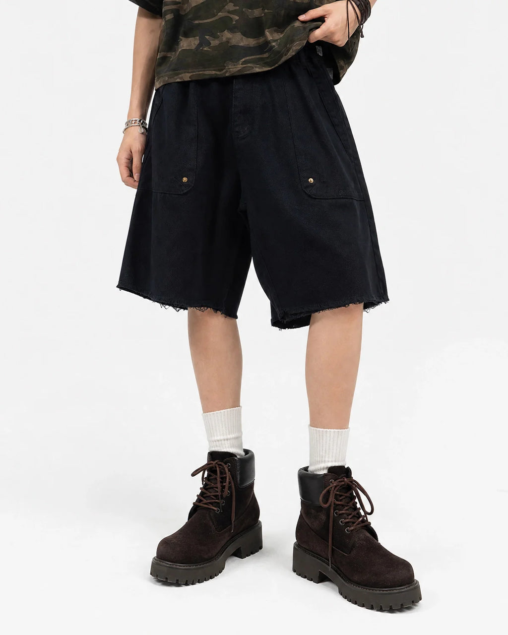 Frayed Hem Camo Knee-Length Shorts | Inflation Streetwear