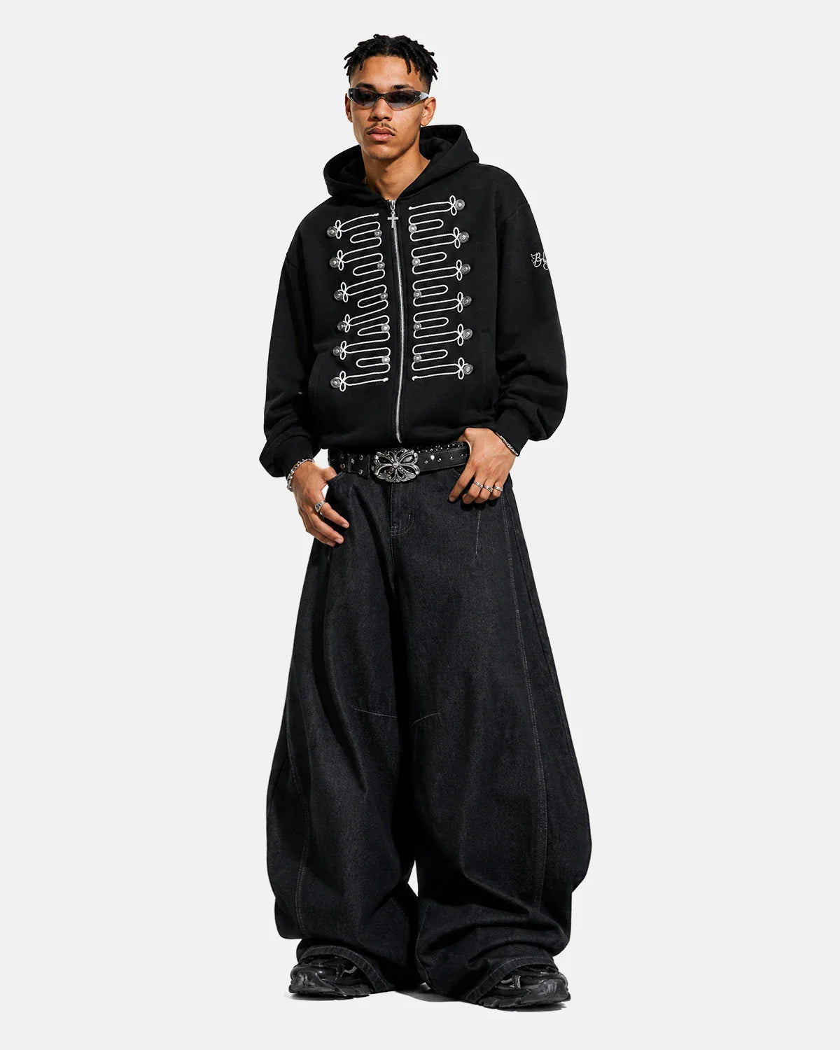 Braided Embroidery Boxy Zip Up Hoodie | Inflation Streetwear