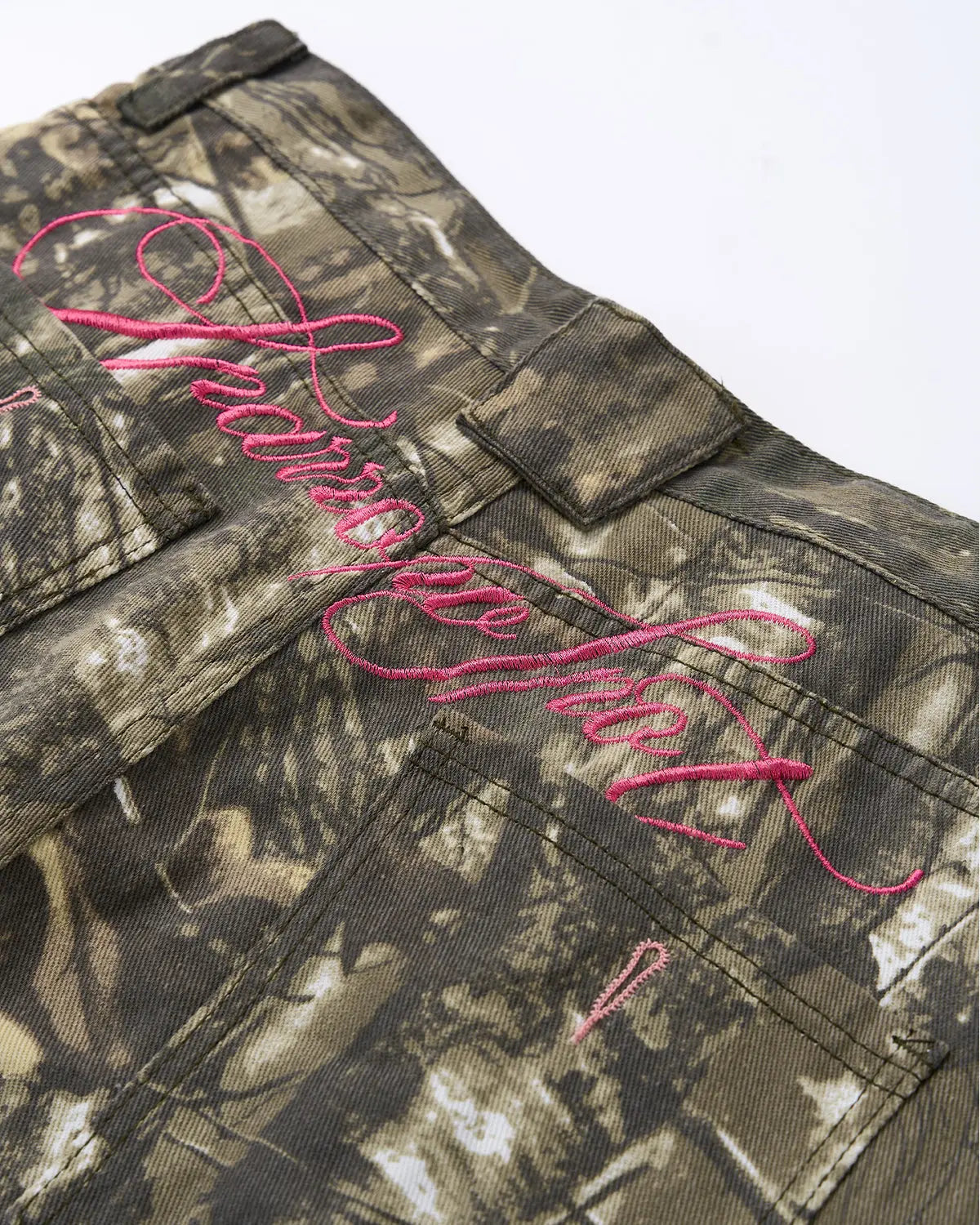 Pink Embroidered Camo Baggy Pants | Inflation Streetwear