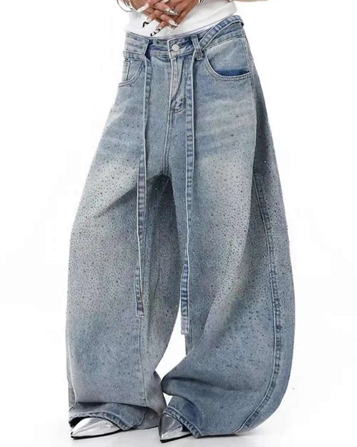 Rhinestone Baggy Barrel Jeans | Inflation Streetwear