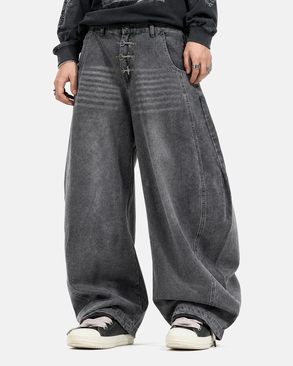 Metal Clasp Grey Barrel Jeans | Inflation Streetwear