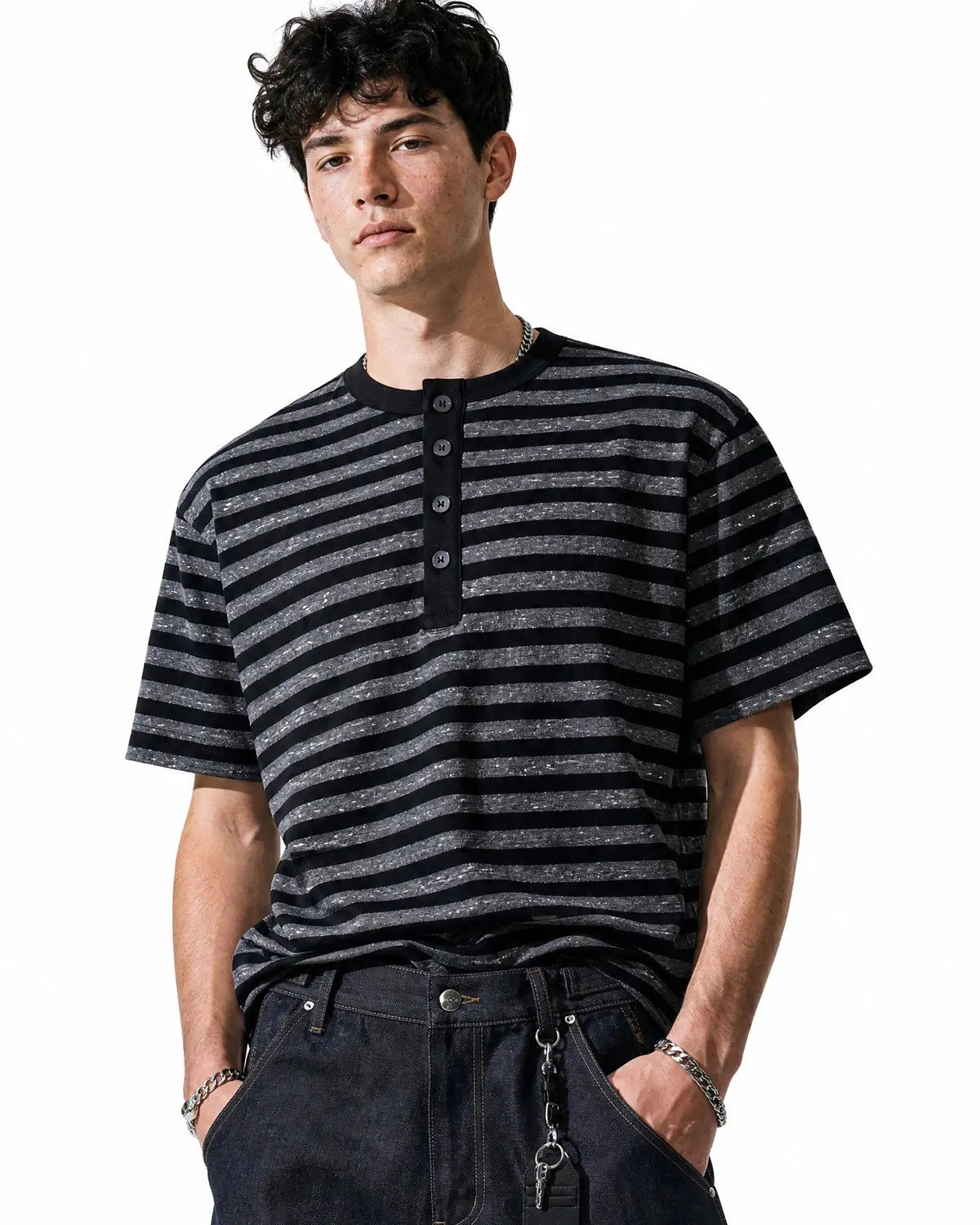 Striped Henley Relaxed T-shirt | Inflation Streetwear