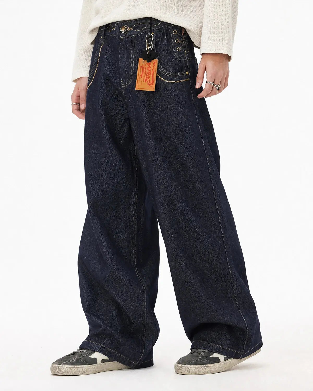 Side Lace-Up Raw Baggy Jeans | Inflation Streetwear