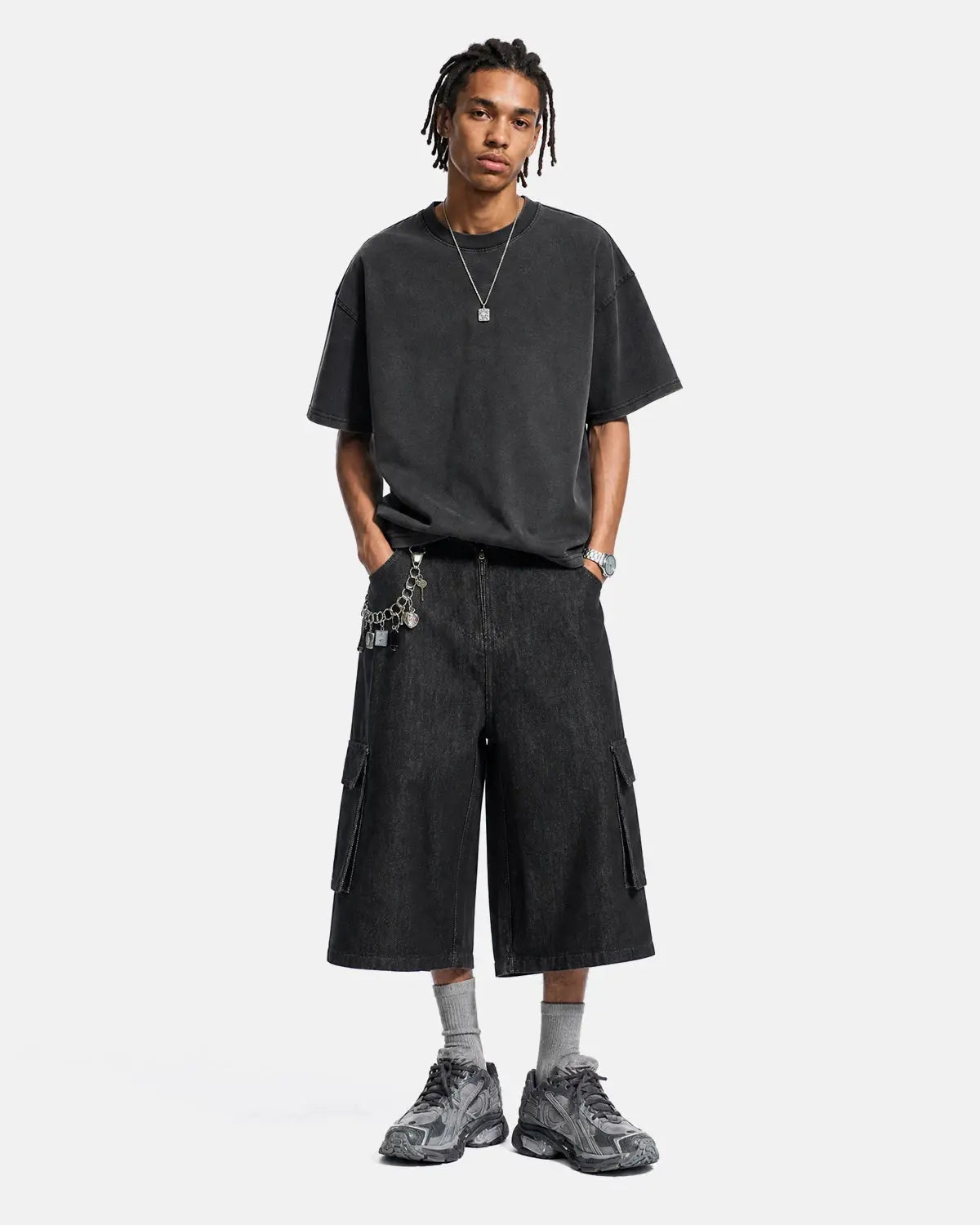 Black Cargo Longline Jorts | Inflation Streetwear