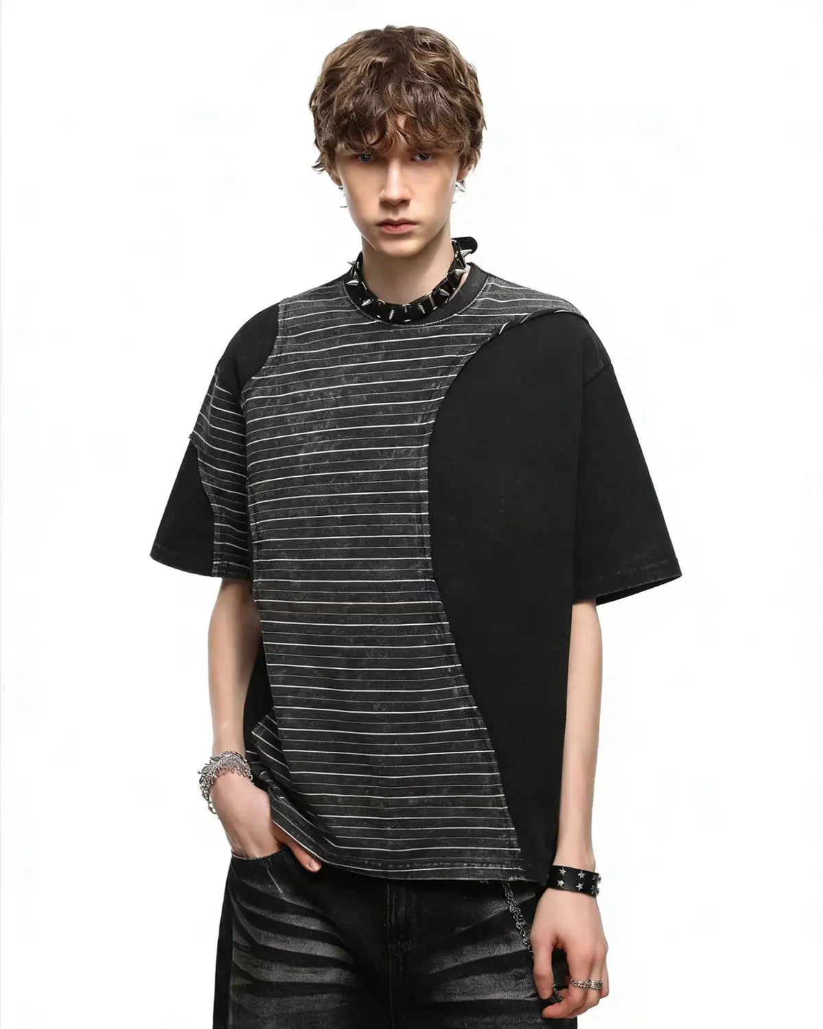 Striped Patchwork Washed T-Shirt | Inflation Streetwear