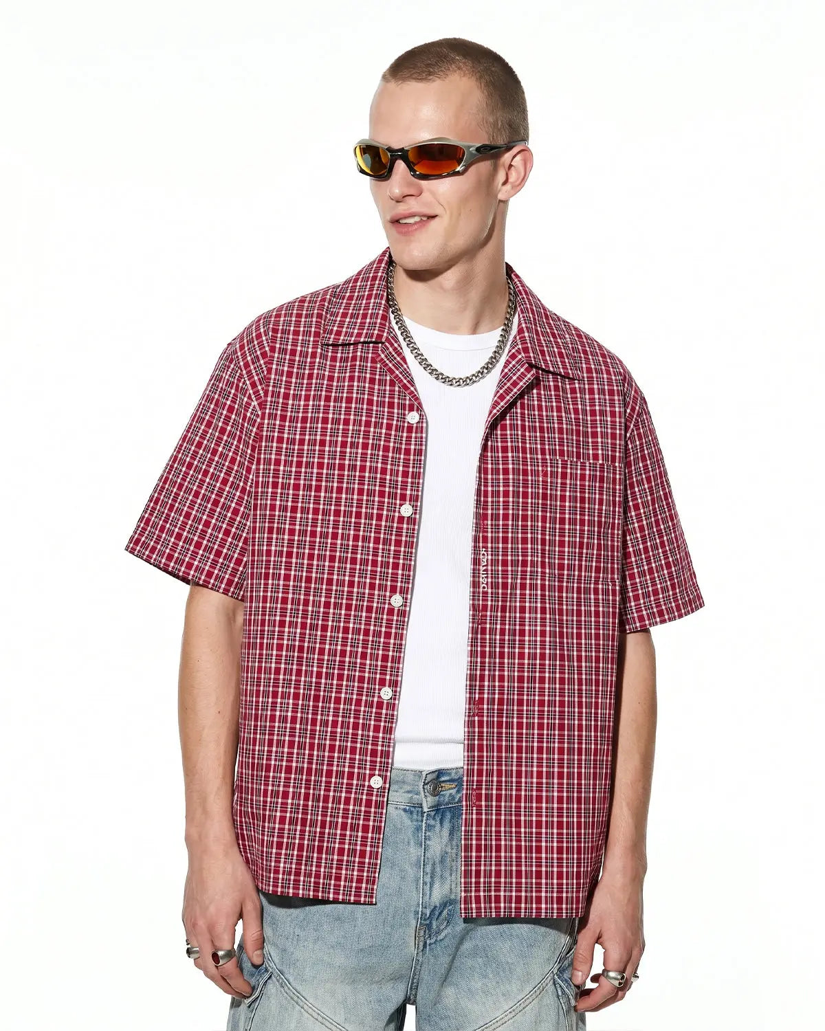 Plaid Script Embroidered Short-Sleeve Shirt | Inflation Streetwear