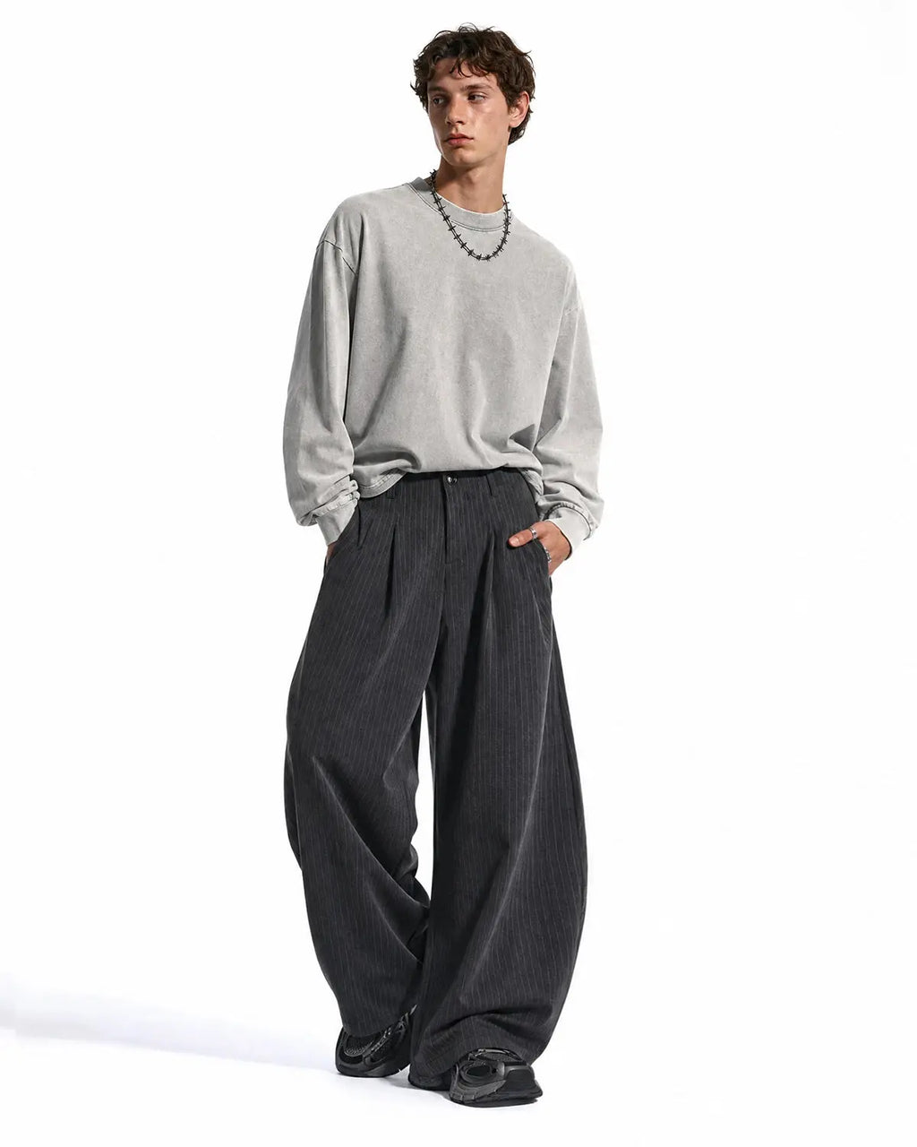 Pinstripe Pleated Barrel Tailored Pants | Inflation Streetwear