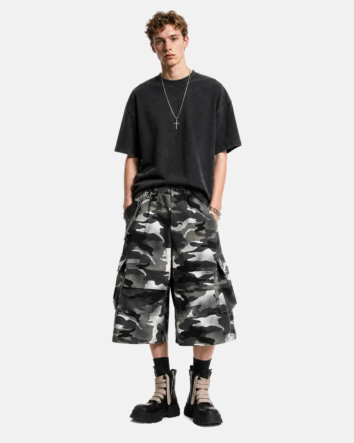 Grey Camo Utility Longline Shorts | Inflation Streetwear