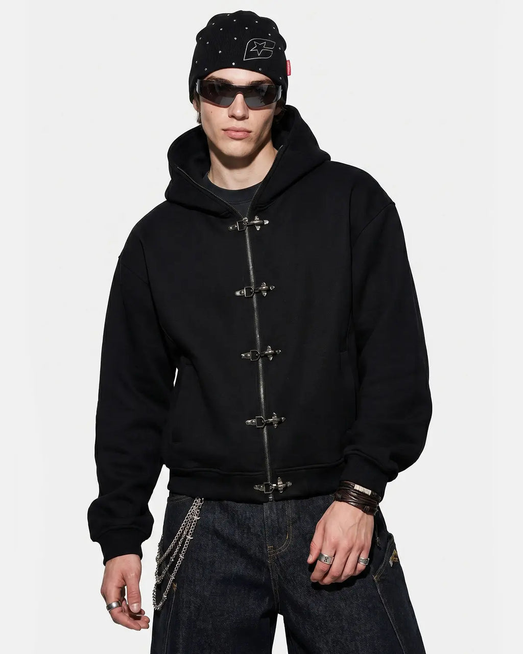 Metal Clasp Boxy Zip Up Hoodie | Inflation Streetwear
