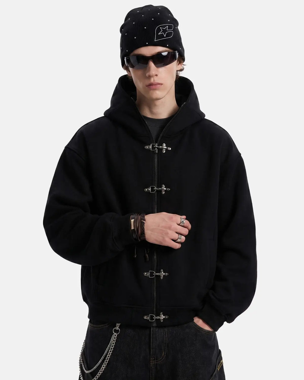 Metal Clasp Boxy Zip Up Hoodie | Inflation Streetwear