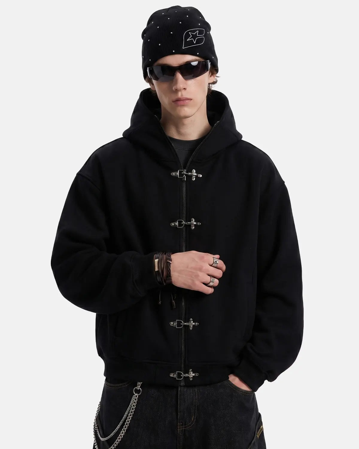Metal Clasp Boxy Zip Up Hoodie | Inflation Streetwear