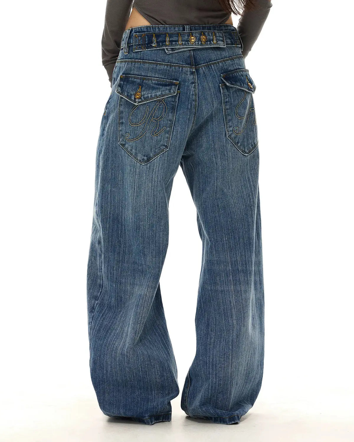 Cinch Back Washed Bamboo Weave Baggy Jeans | Inflation Streetwear