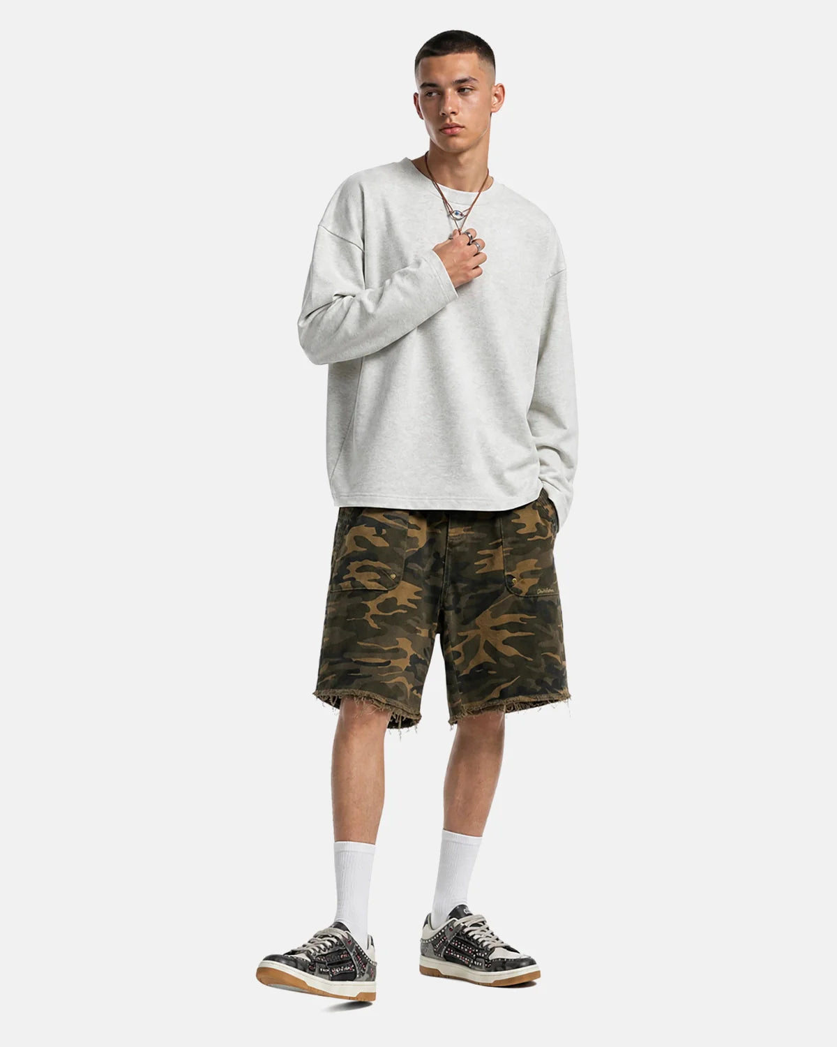 Frayed Hem Camo Knee-Length Shorts | Inflation Streetwear