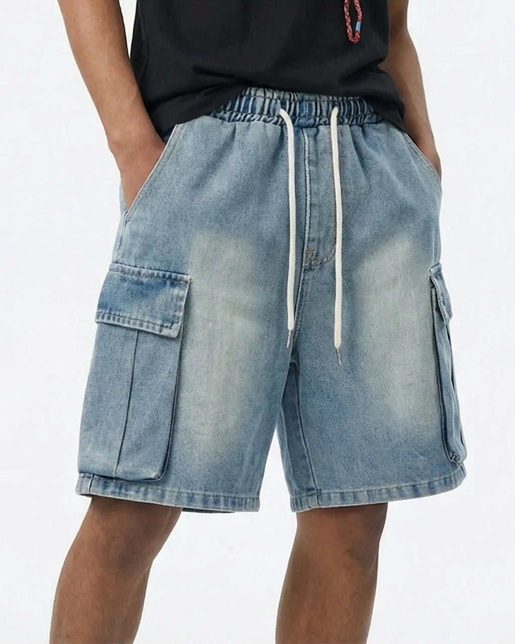 Washed Denim Cargo Shorts with Drawstring | Inflation Streetwear