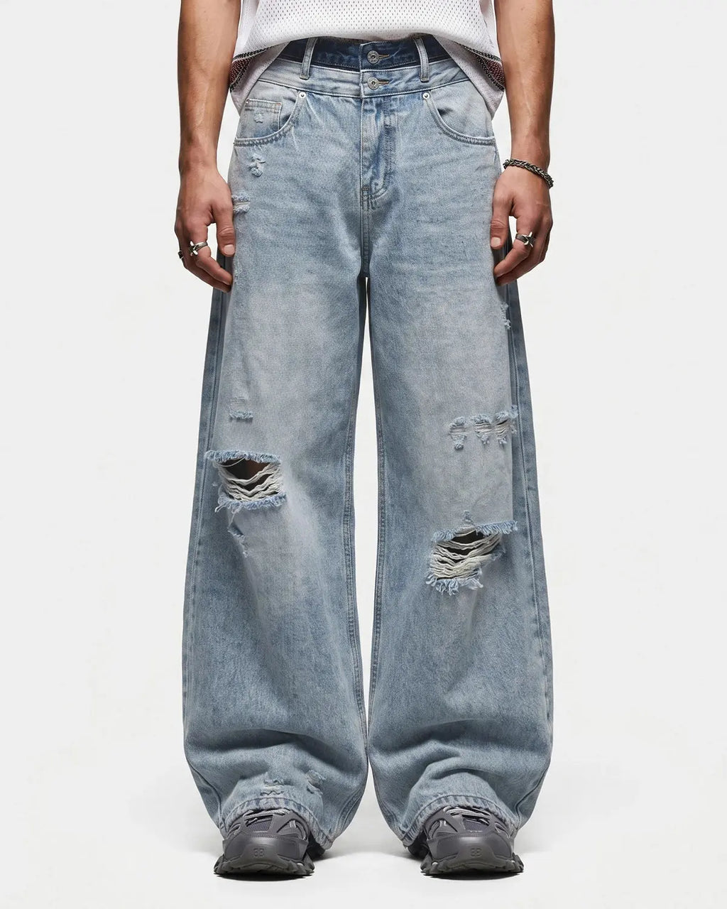 Double Waist Distressed Baggy Jeans | Inflation Streetwear
