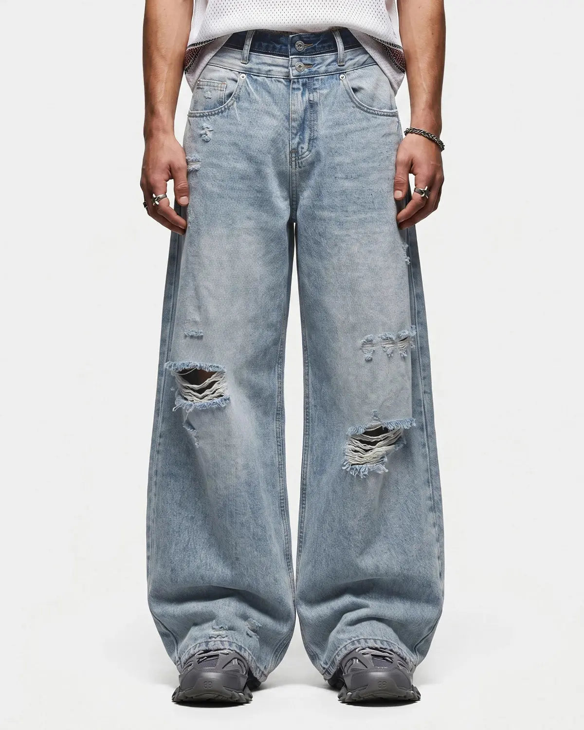 Double Waist Distressed Baggy Jeans | Inflation Streetwear