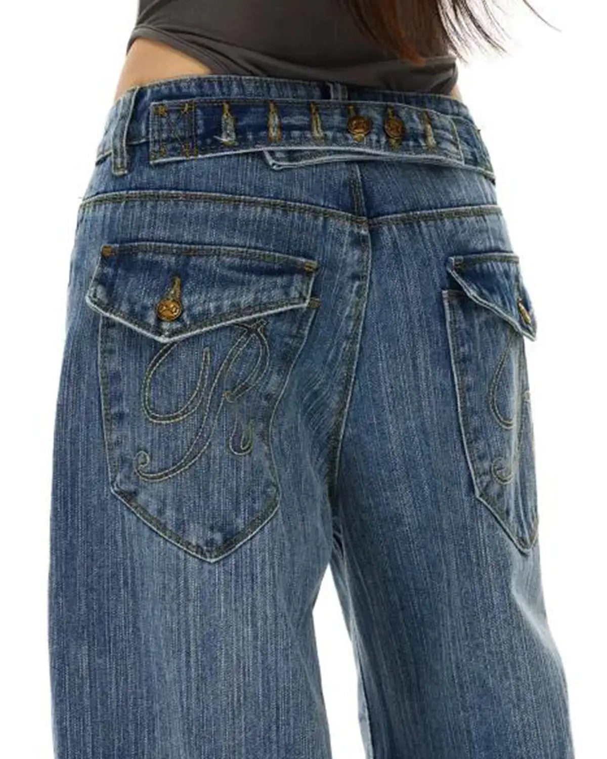 Cinch Back Washed Bamboo Weave Baggy Jeans | Inflation Streetwear