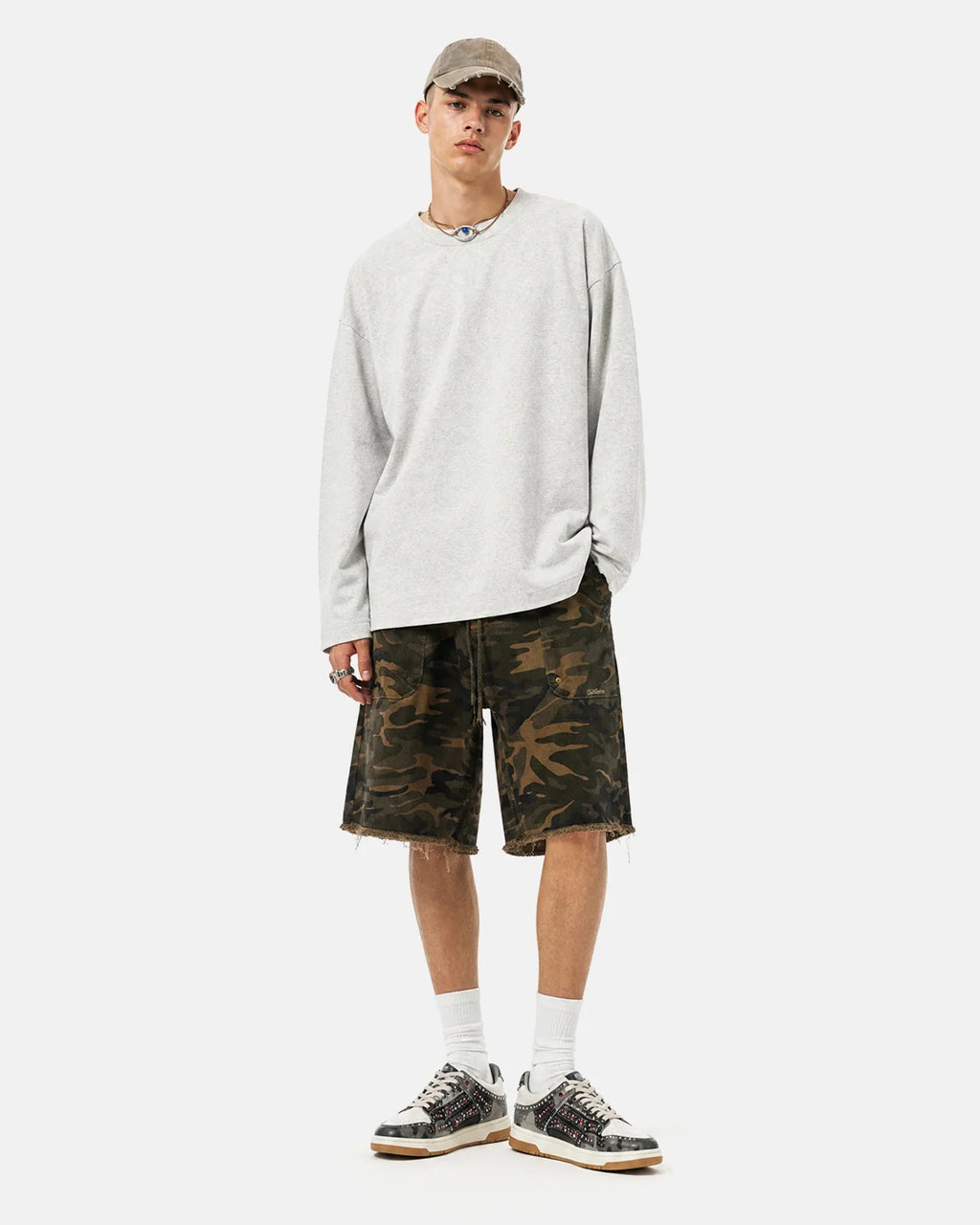 Frayed Hem Camo Knee-Length Shorts | Inflation Streetwear