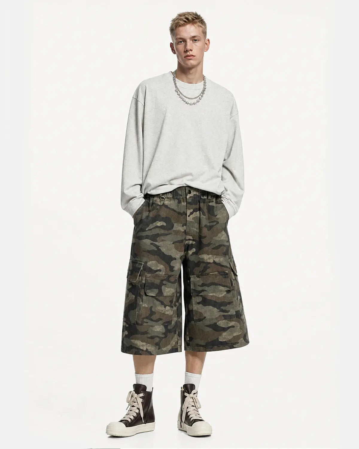 Grey Camo Utility Longline Shorts | Inflation Streetwear