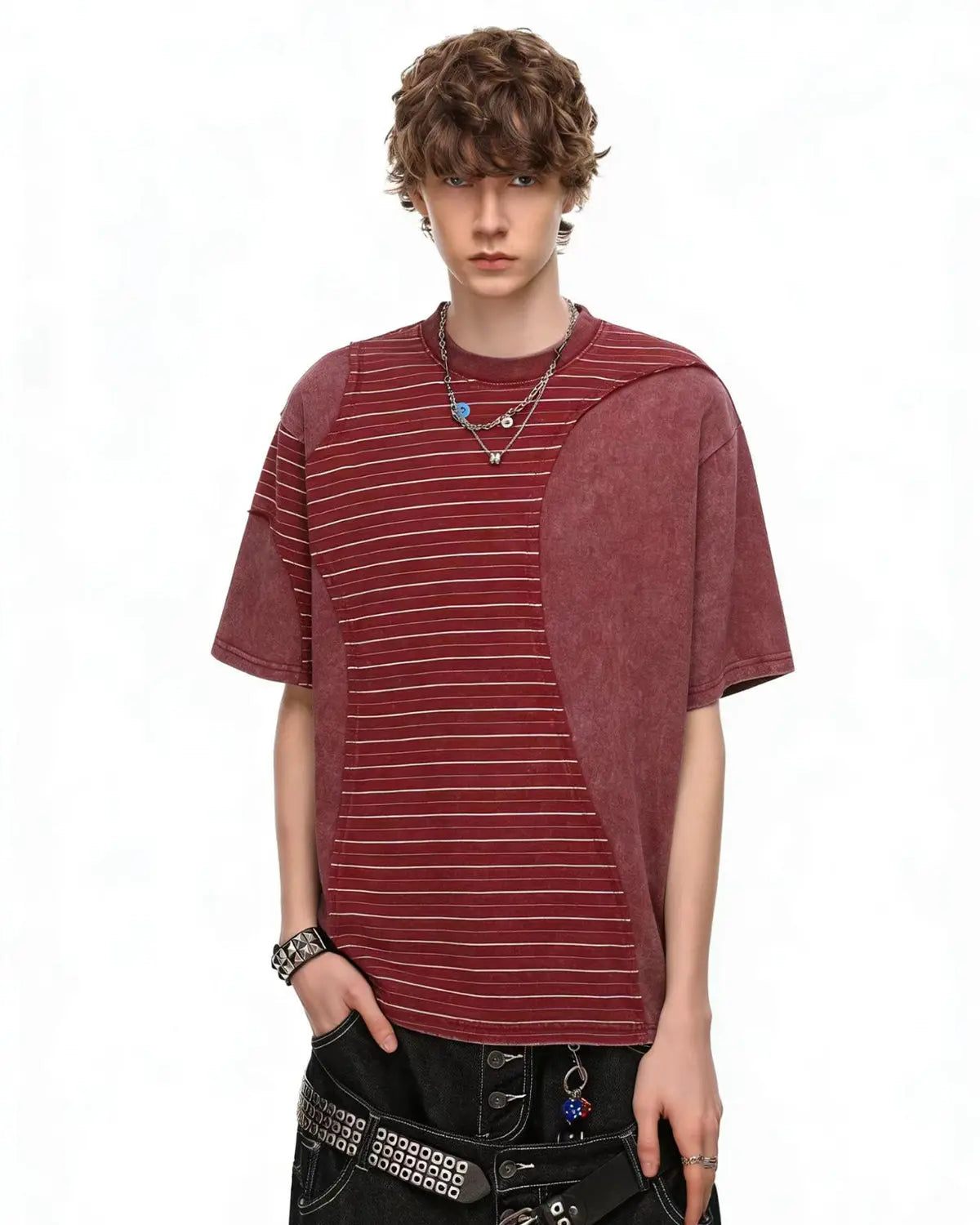 Striped Patchwork Washed T-Shirt | Inflation Streetwear