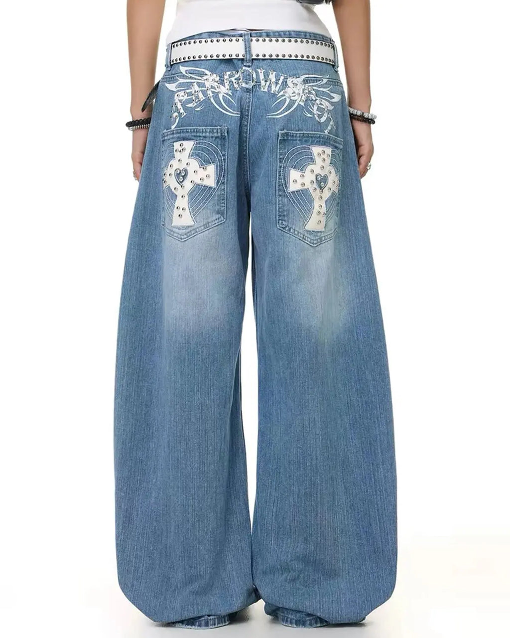 Cross Stud Bamboo Weave Baggy Jeans | Inflation Streetwear