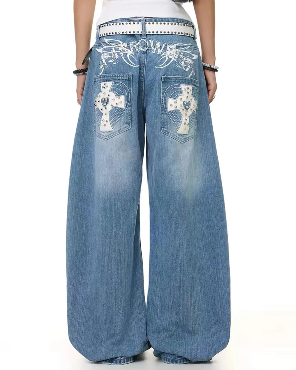 Cross Stud Bamboo Weave Baggy Jeans | Inflation Streetwear