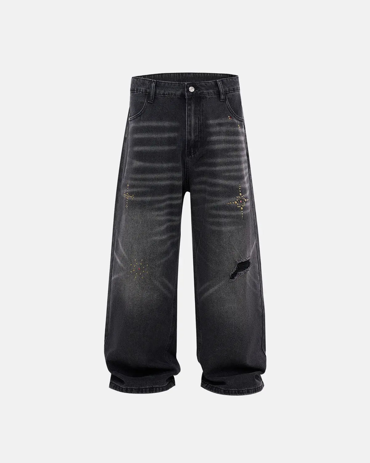 Distressed Rhinestone Ripped Baggy Jeans | Inflation Streetwear