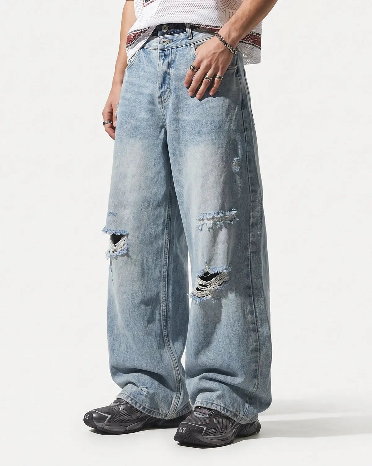 Double Waist Distressed Baggy Jeans | Inflation Streetwear