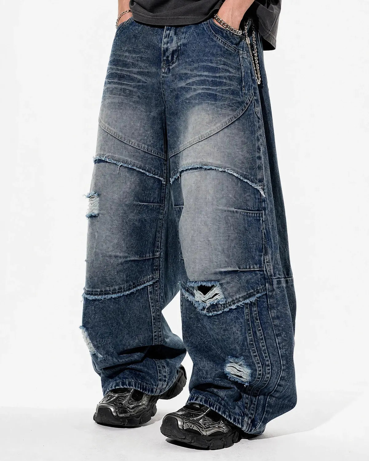 Cinch Back Deconstructed Distressed Barrel Jeans | Inflation Streetwear