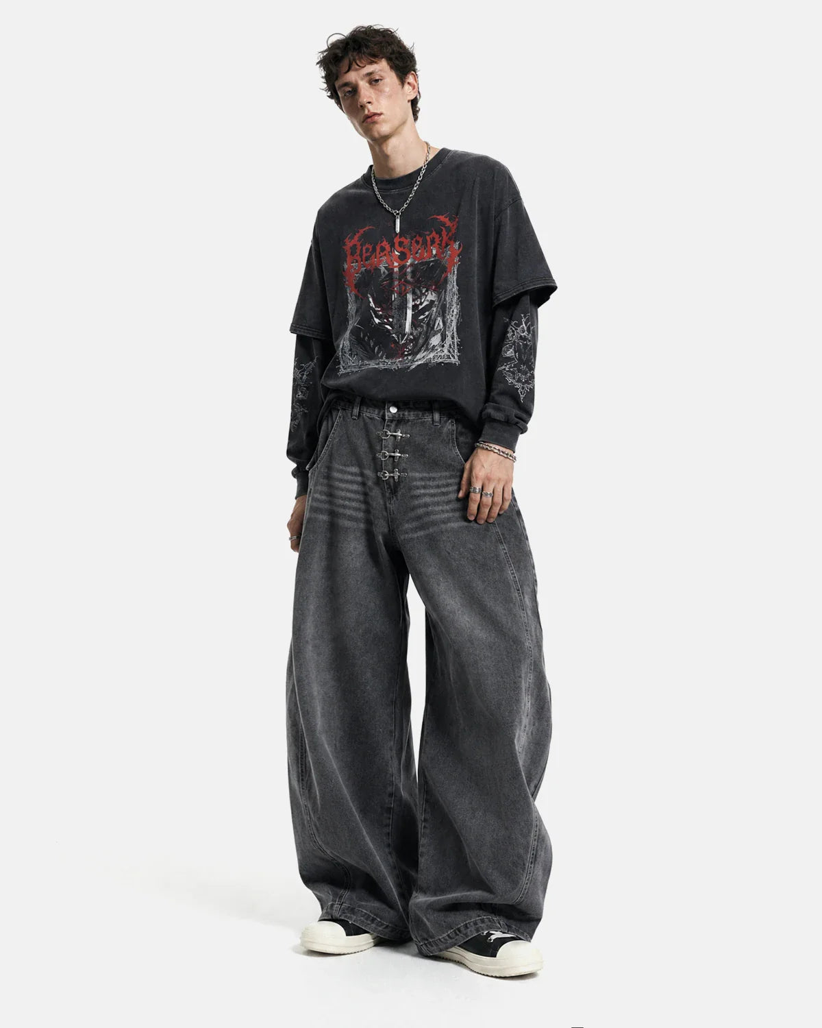 Metal Clasp Grey Barrel Jeans | Inflation Streetwear