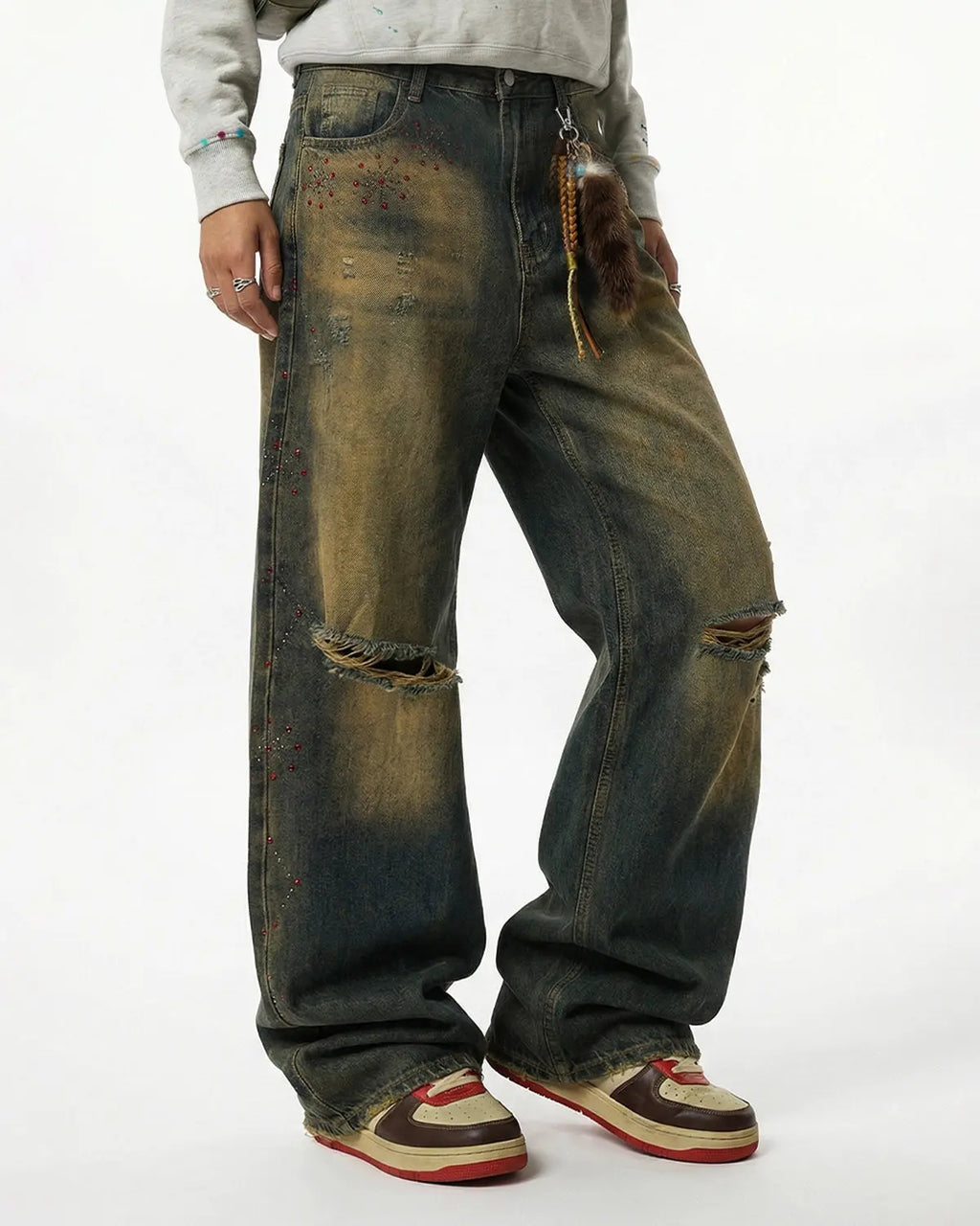 Dirty Wash Rhinestone Baggy Jeans | Inflation Streetwear
