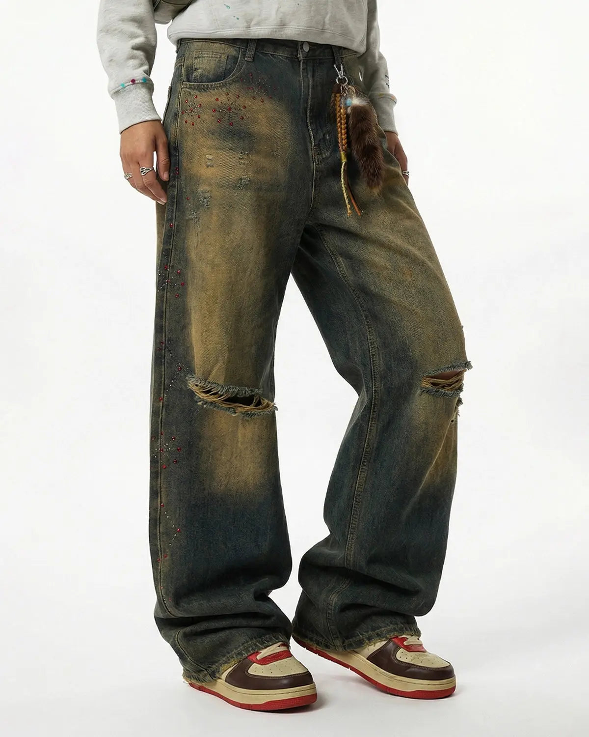 Dirty Wash Rhinestone Baggy Jeans | Inflation Streetwear