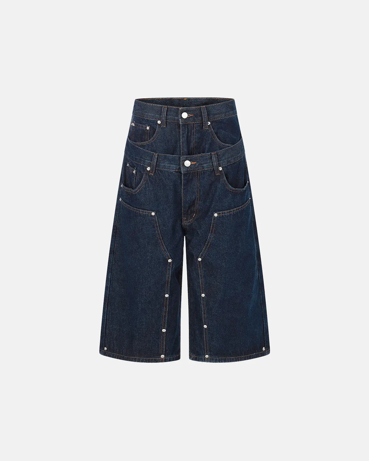Double Waist Studded Denim Long Jorts | Inflation Streetwear